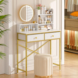Makeup Vanity Desk No Mirror for Bedroom, Vanity Table Set with 2 Drawer and Open Storage Shelves, Small Vanity for Small Spaces, White and Gold, 31.5in(L) ThreeHio