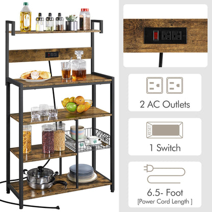 Yaheetech Bakers Rack with Power Outlet, Microwave Stand with Wire Basket & 6 S-Hooks, Coffee Bar Station w/5-Tier Storage Shelves, Storage Shelf Unit for Dinning Room/Living Room, Rustic Brown