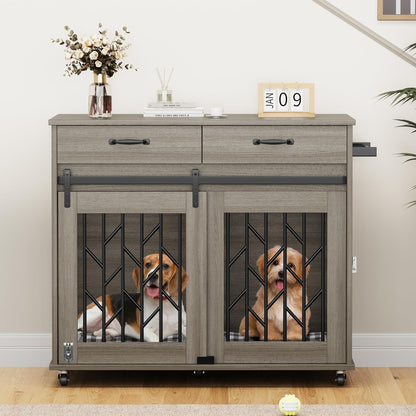 YITAHOME Dog Crate Furniture with Sliding Barn Door, 39" Wooden Dog Kennel Indoor with Storage Drawers, Double Dog Crate for 2 Small Medium Dogs, Grey