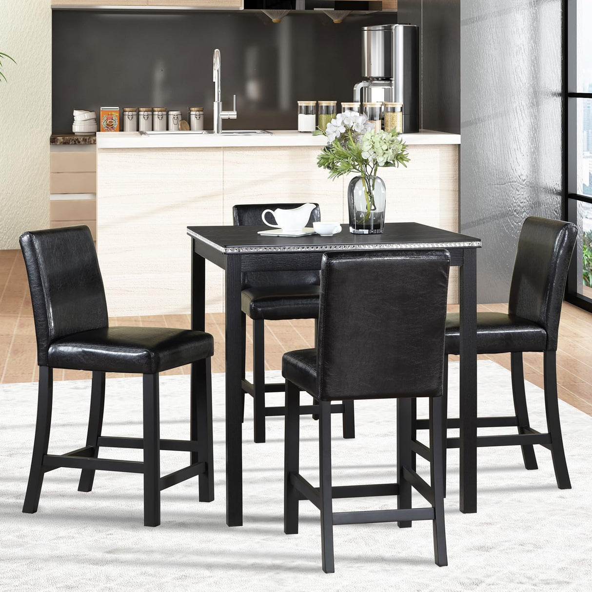 KEIKI 5-Piece Counter Height Dining Table Set with Square Table and 4 Upholstered Chair, for 4 Person, Classic Style Crystal Decoration Wooden Table Set, Easy Assembly, for Kitchen, Dining Room, Black KEIKI