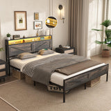 Halitaa Bed Frame Queen Size with Charging Station, Platform Metal Bed with Headboard & Led Light, Farmhouse Storage Bed for Bedroom, No Box Spring Needed Halitaa