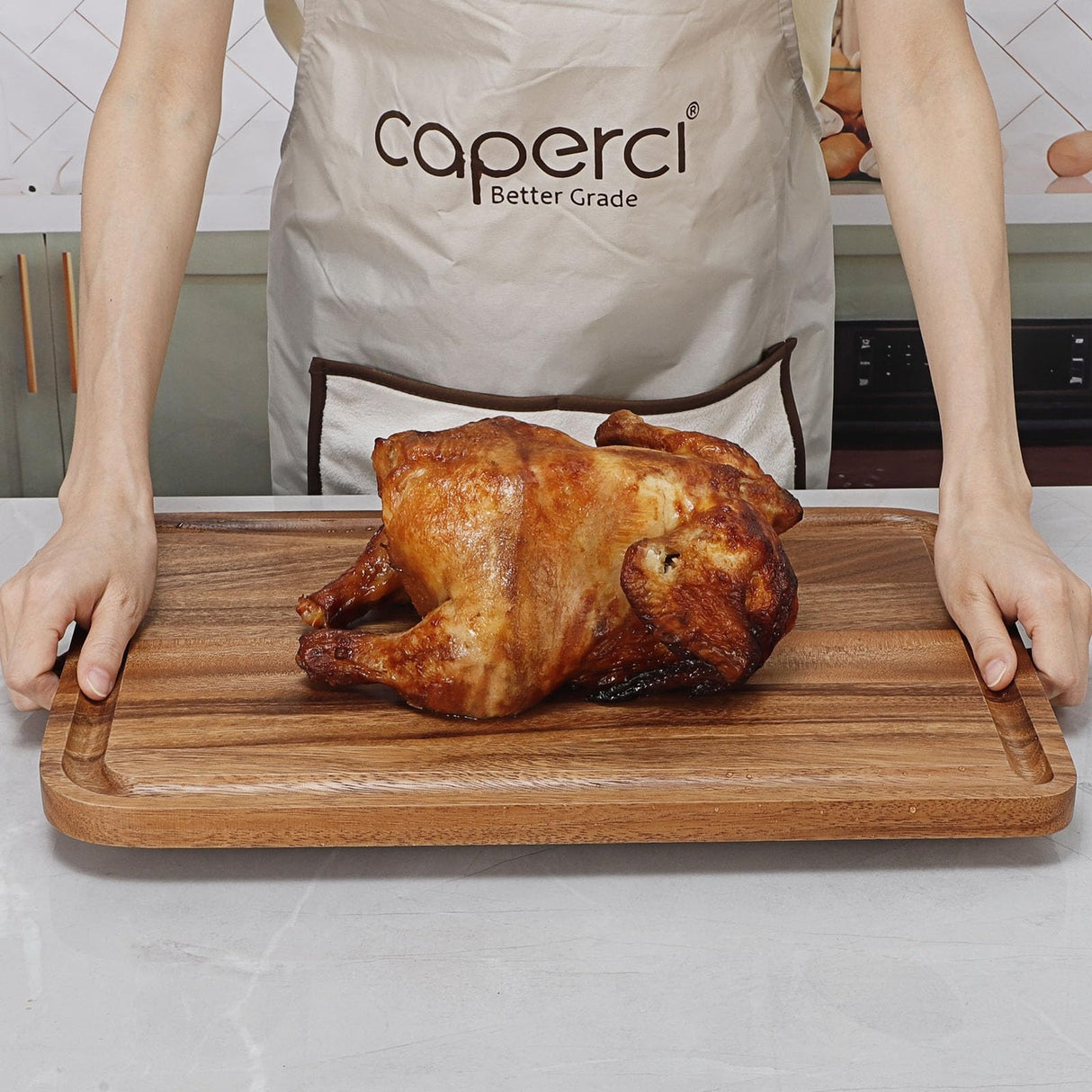 Acacia Wood Cutting Board for Kitchen - Caperci Organic Wooden Chopping Serving Board with Deep Juice Groove for Meat (Butcher Block) Veggies, Fruit and Cheese, 17 x 12" Caperci