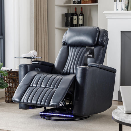 P PURLOVE Home Theater Seating, 270° Power Swivel Recliner with Hidden Arm Storage and LED Light Strip, PU Power Recliner with Cup Holder, 360° Swivel Tray Table and Cell Phone Holder, Blue P PURLOVE