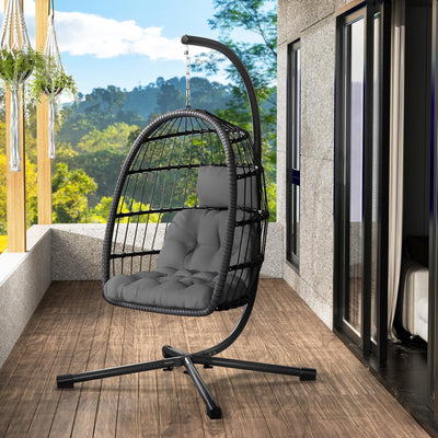 LEVELEVE Egg Chair with Stand,Patio Rattan Wicker Hanging Swing Egg Chair Hammock Chair for Bedroom Porch Garden,Thickened Aluminum Alloy Steel Frame and UV Resistant Cushion,350LBS Capacity(Grey)
