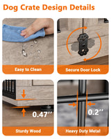 YaFiti Dog Crate Furniture with Cushion, Wooden Dog Kennel with Double Doors, Heavy Duty Dog Cage End Table with Wheels, Dog House Indoor for Small Medium Dogs up to 45 lb, 32.5” L, Grey YaFiti