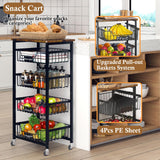 OKZEST Fruit Basket, 5-Tier Utility Kitchen Organizer and Storage Cart with Pull-Out Baskets and Wood Top, Rolling Pantry Kitchen Cart on Wheels for Fruit Potato Onion Vegetable Snack Produce OKZEST