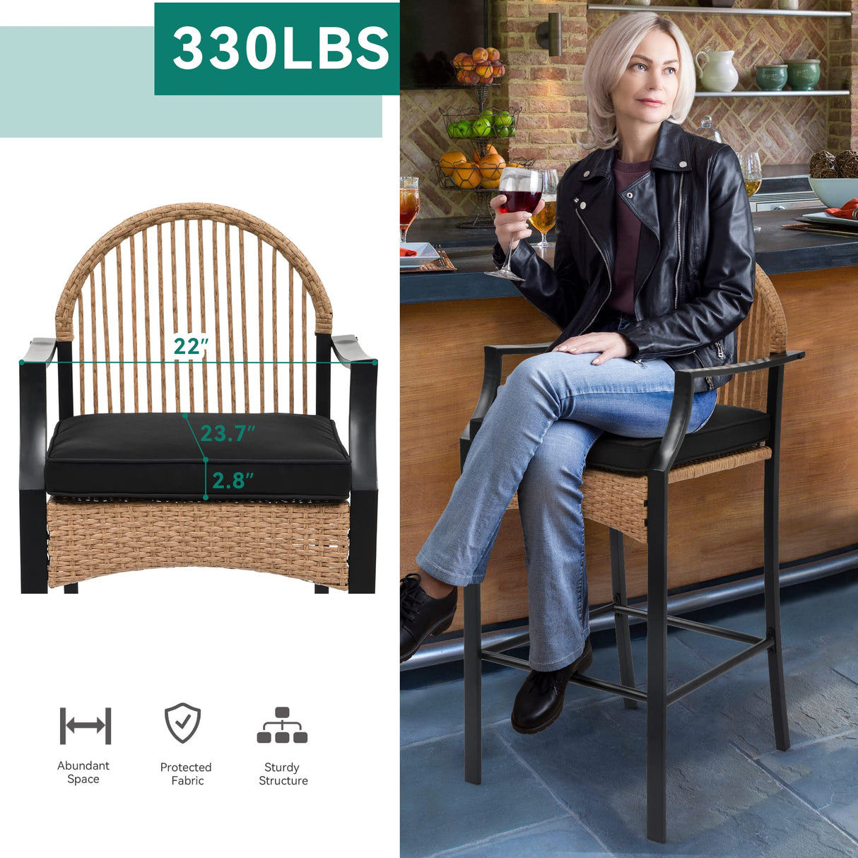 YITAHOME Patio Bar Table Sets, 3-Piece Outdoor Wicker Bar Height Bistro with Soft Cushions, Steel Frame for Poolside Balcony, Barstools (Black+Light Yellow) YITAHOME