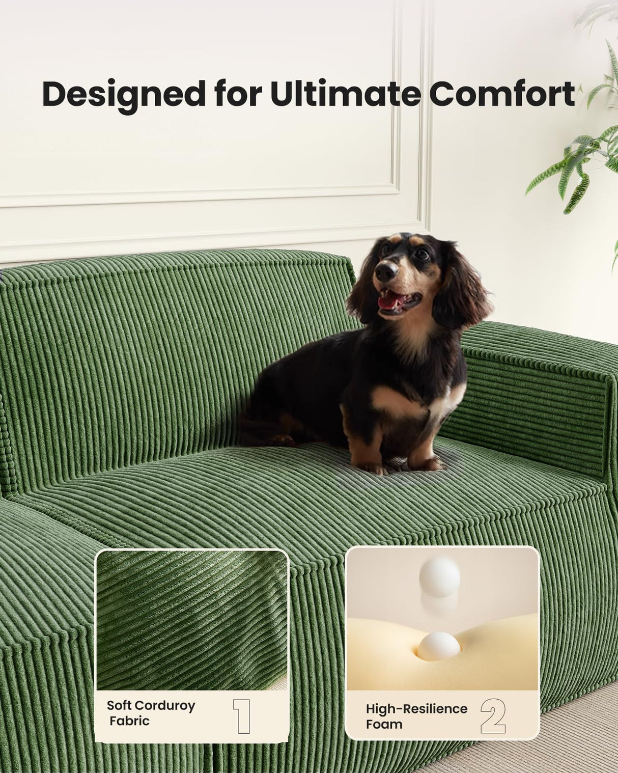 Amada 111" L Shaped Sofa Modular, Corduroy Clopud Couches with Deep Seats &High-Back, Upholstered Couches for Living Room Bedroom with Ottoman, No Assembly Required(2-Seater&1 Ottoman,Green) AMADA HOMEFURNISHING