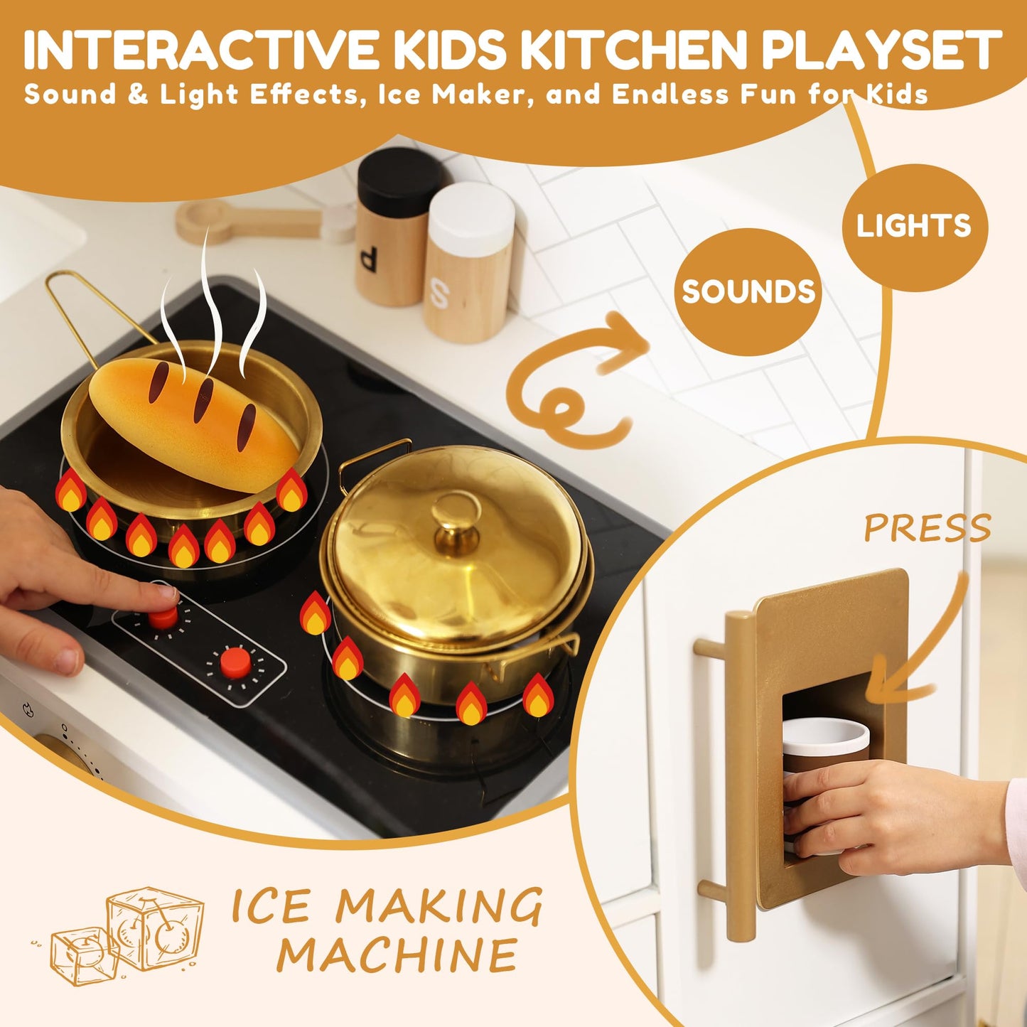 Interactive Wooden Play Kitchen Set for Kids: Realistic Features with Extended Storage and 15 Kitchen Accessories, Ideal Pretend Playset Gift for Toddlers and Children Ages 3+