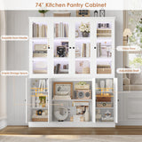 FACBOTALL 74'' Kitchen Pantry Cabinet, 63'' Wide Large Kitchen Hutch Storage Cabinet with LED, Tall Pantry with Adjustable Shelves, Display Cabinets with Glass Door for Living Room, Home Office, White FACBOTALL