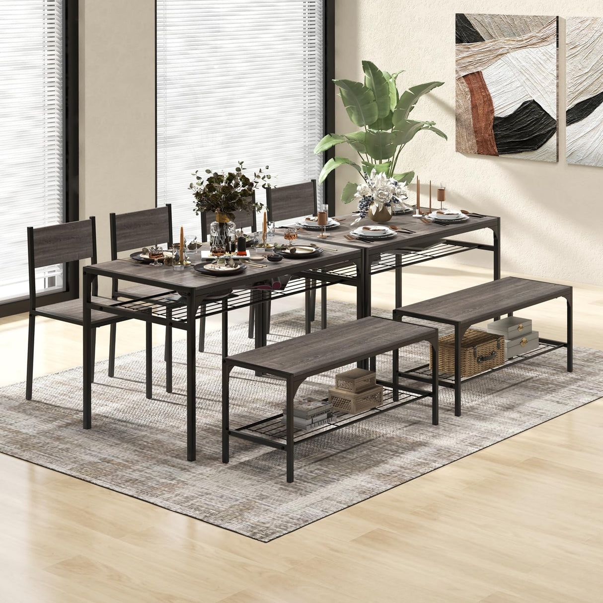 COSTWAY 4 Pieces Dining Table Set, Kitchen Table and 2 Chairs for 4 with Bench, Storage Racks, Metal Frame & Space-saving Design, Industrial Kitchen Table Set for Small Space, Apartment (Black & Grey) COSTWAY