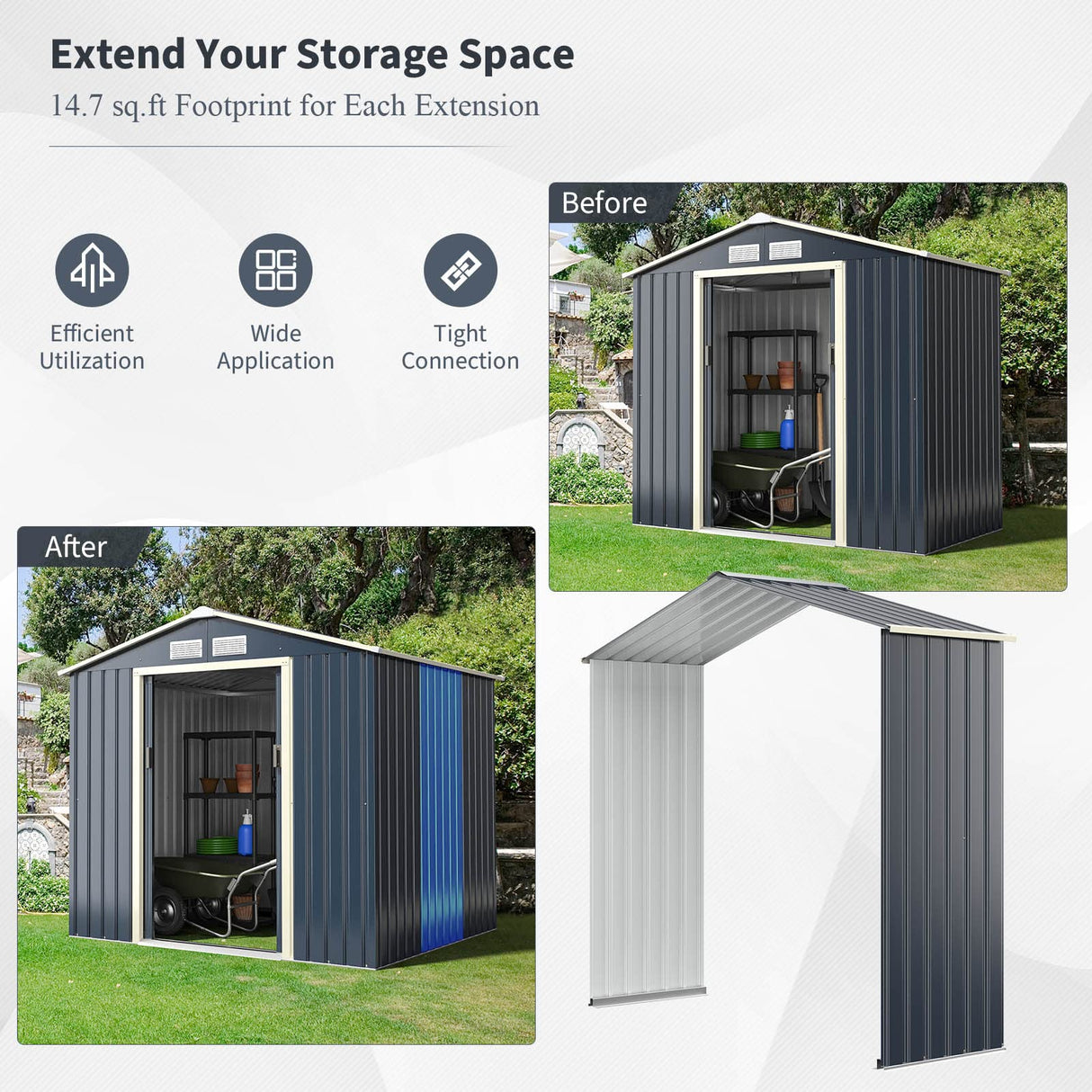 IRONMAX Outdoor Storage Shed, 7x6 FT Galvanized Steel Lean to Garden Shed, Heavy Duty Tool Storage House with Sliding Doors & Air Vents, for Bicycles, Lawnmowers, Backyards, Patios, Lawns, Grey IRONMAX