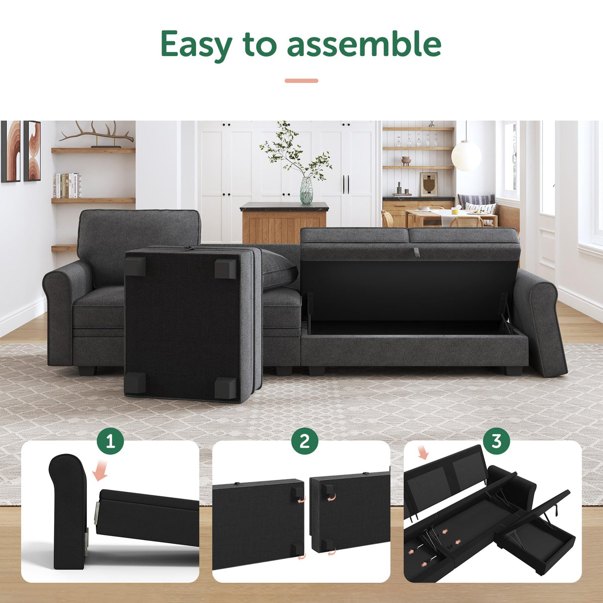 HONBAY Sectional Sofa with Storage Seat U Shaped Sectional Couch with Reversible Chaise Convertible Sectional Couch for Living Room,Dark Grey HONBAY