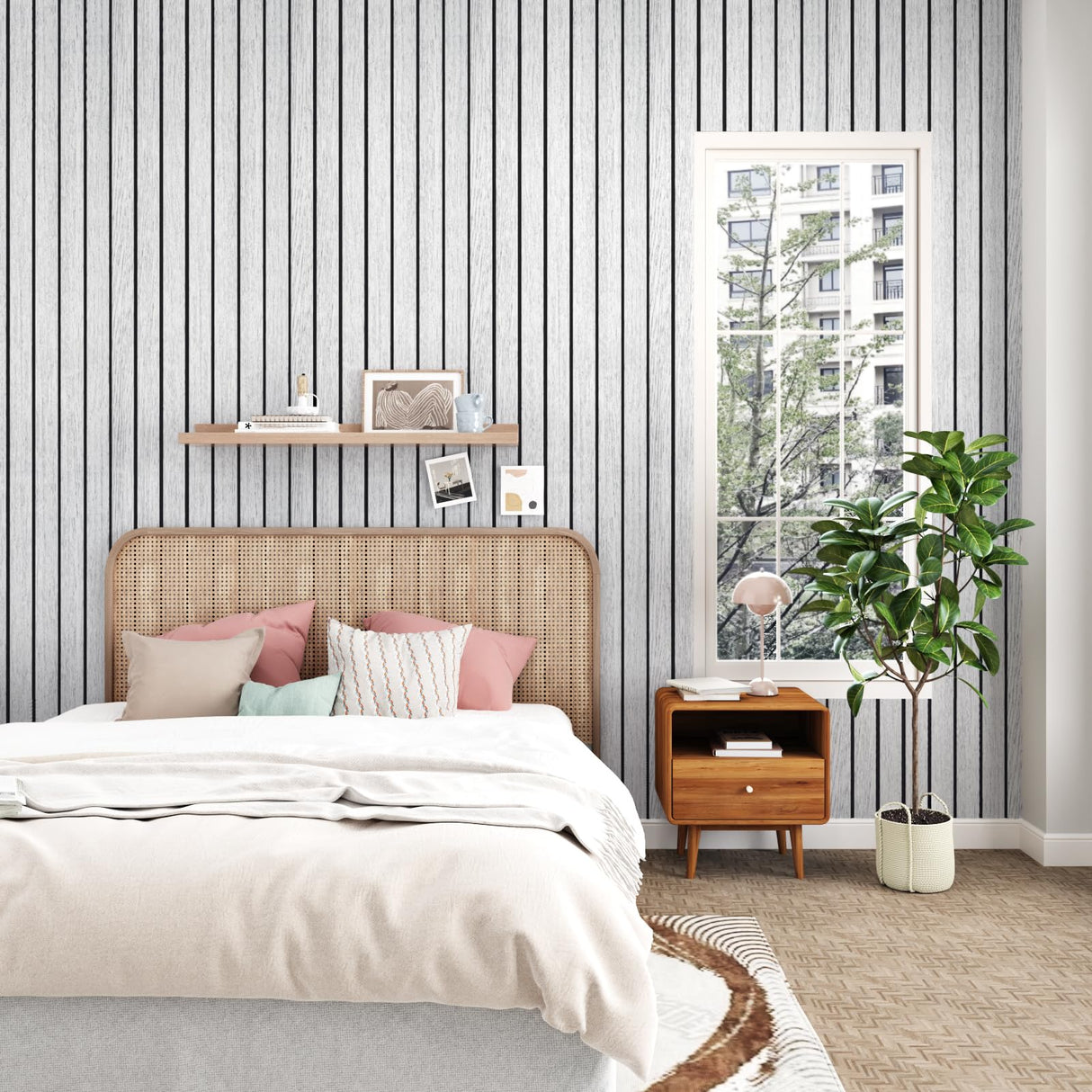 STICKEEP White/Grey 3D Wood Slat Panels for Walls Peel and Stick PVC Slat Wall Paneling Soundproof Self Adhesive Faux Wooden Slatted Panel for Wall Decor Interior Living Room Bedroom 120"x 12" STICKEEP