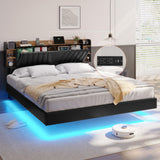 DICTAC California King Floating LED Bed Frame with Storage Headboard and Charging Station in Black and Rustic Finish DICTAC
