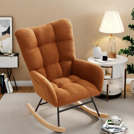 GarveeHome Rocking Chair Nursery, Teddy Upholstered Glider Chair with High Backrest, Armrest and Side Pockets, Modern Comfy Accent Armchair Reading Chair for Bedroom, Living Room GarveeHome
