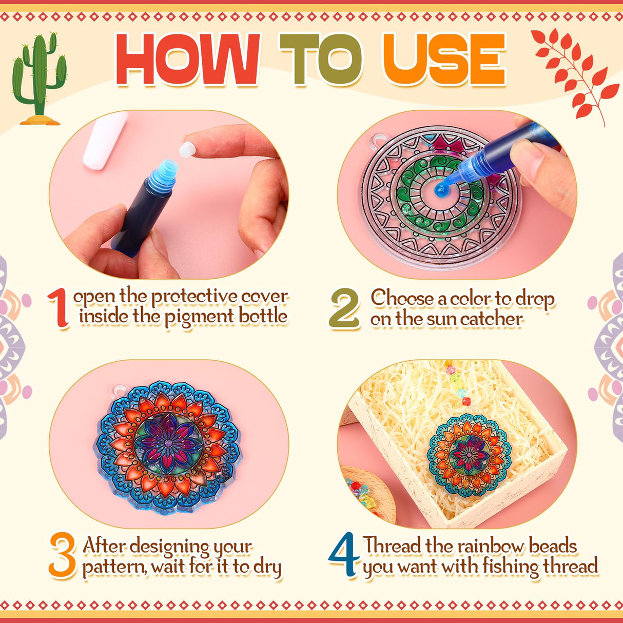 Yousoontic 24 Sets Mandala Suncatchers Kits DIY Window Paint Art Suncatchers Mandala Flower Craft Kits for Classroom Art Craft Summer Sun Catchers for Party Favors Yousoontic