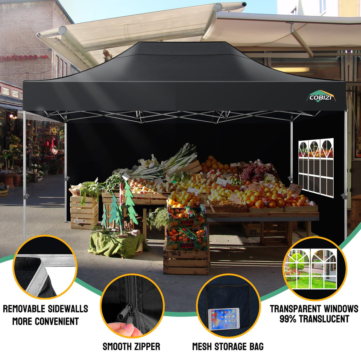 COBIZI 10x15 Pop up Canopy Tent Heavy Duty with 4 Sidewalls, Easy Set-up Commercial Outdoor Party Tent, 100% Waterproof Wedding Canopy Gazebo, 3 Height Adjustable with Handbag, Black COBIZI