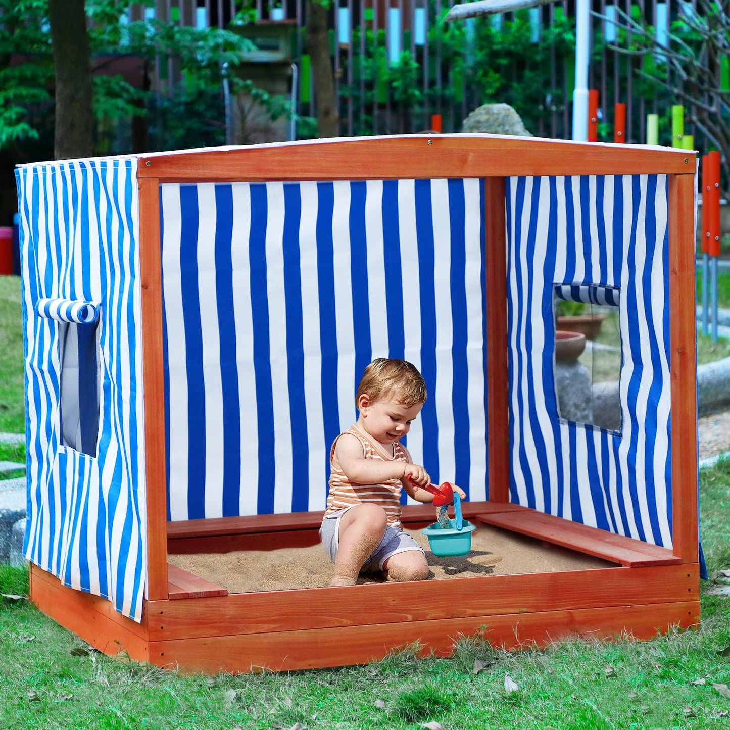 Kids Large Wooden Sandbox with Cover for Backyard,Sand Box with Rainproof and 3 Bench Seats,Outdoor Playhouse Cedar Wood,Sand Protection,Bottom Liner(58 Inch)