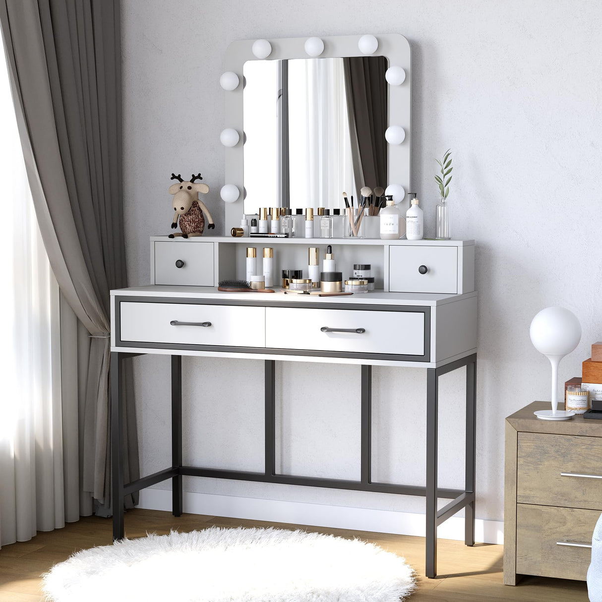 Sunvivi Vanity, Makeup Vanity Desk with 3 Color Dimmable Lighted Hollywood Mirror, White Vanity with 4 Drawers, Large Dressing Table for Women Girls Sunvivi