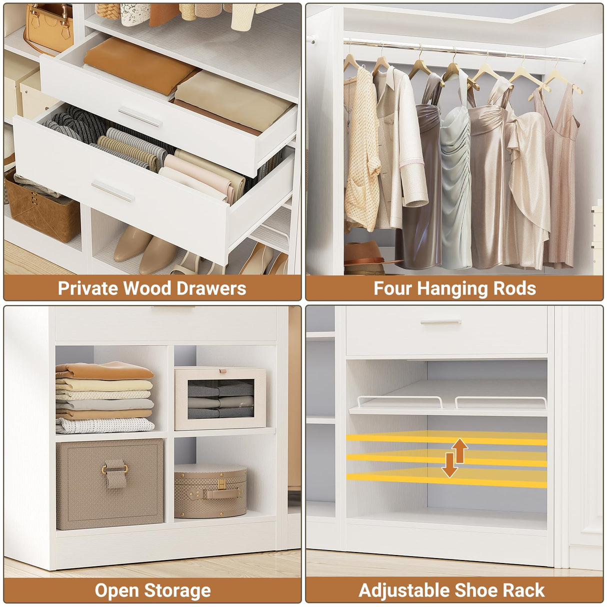 Unikito 86” Corner Closet System, Modular Closets Organizer with 4 Hanging Rods and Storage Shelves, Freestanding Adjustable Wood Clothes Garment Rack with Drawers, Sturdy Walk in Closet Tower, White Unikito