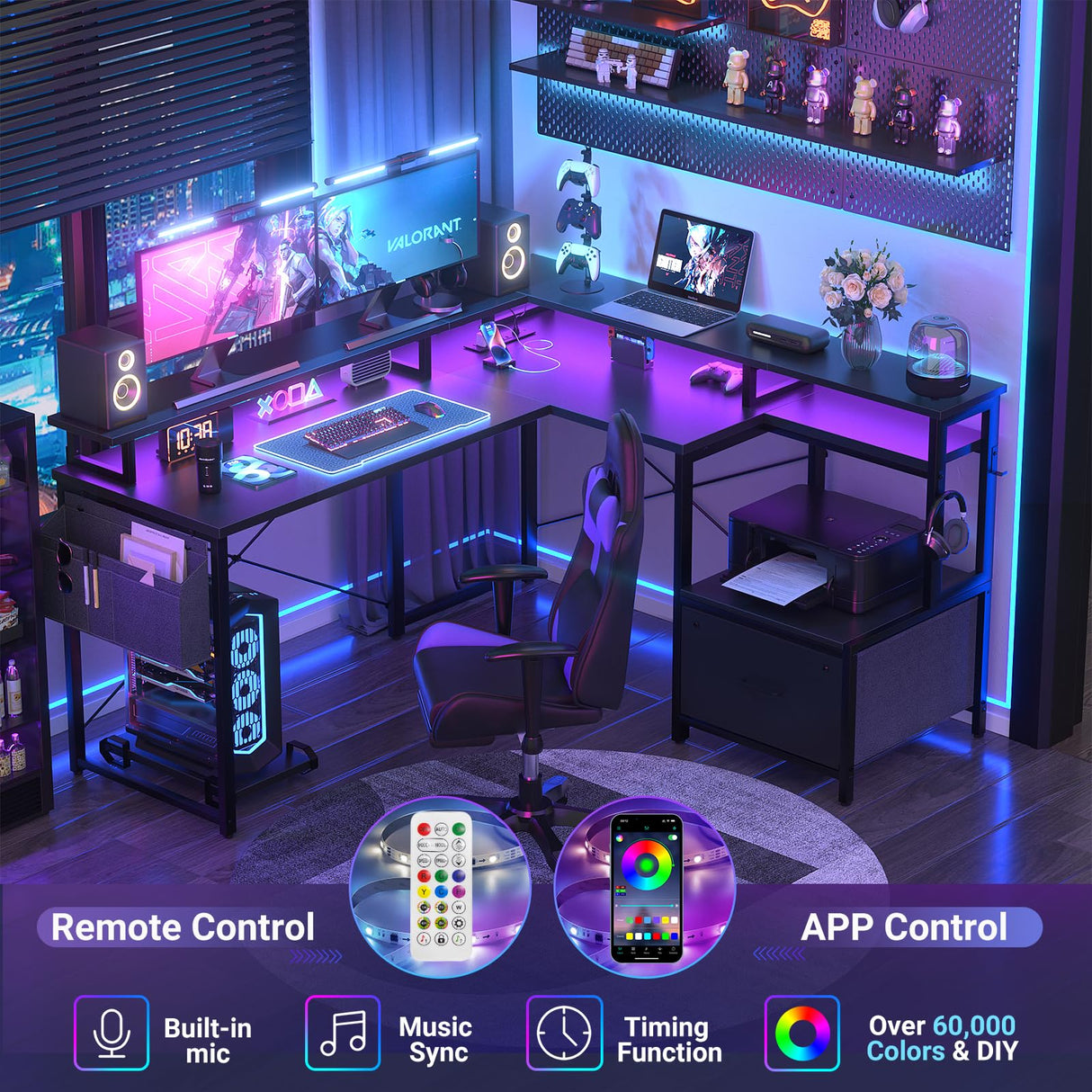 Unikito L Shaped Desk with File Drawer, Reversible L Shaped Computer Desk with Power Outlet & LED Lights, Home Office Desk Corner Desk with Monitor Shelf and Printer Cabinet, Gaming Desk, Black Unikito