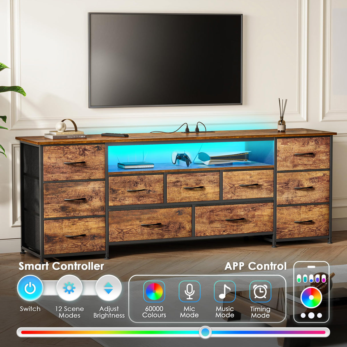 Huuger 63 Inch TV Stand for 65, 70 Inch TV, 11 Drawer Long Dresser with Power Outlets and LED Lights, Entertainment Center with Storage, Rustic Brown Dresser with PU Leather Surface Huuger