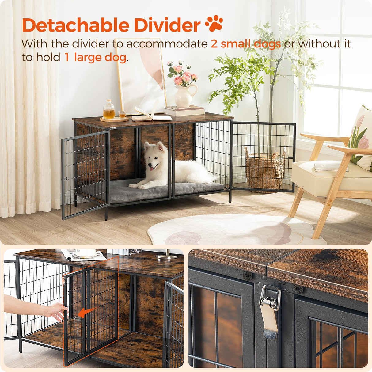 MAHANCRIS Dog Crate Furniture for 2 Dogs, 43.3" Dog Kennel with Removable Divider, Heavy Sturdy Dog Furniture Style Double Cage for Small Medium Dog, Indoor Dog House End Table, Rustic Brown DCHR1201 MAHANCRIS
