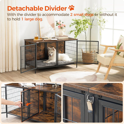 MAHANCRIS Dog Crate Furniture for 2 Dogs, 43.3" Dog Kennel with Removable Divider, Heavy Sturdy Dog Furniture Style Double Cage for Small Medium Dog, Indoor Dog House End Table, Rustic Brown DCHR1201