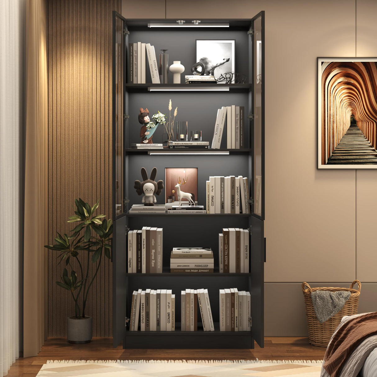 chartustriable 79" Tall Display Cabinet with LED Sensor Light & Pop-up Glass Doors, Modern Bookcase Curio Storage Cabinet for Bedroom, Living Room, Office, Black chartustriable
