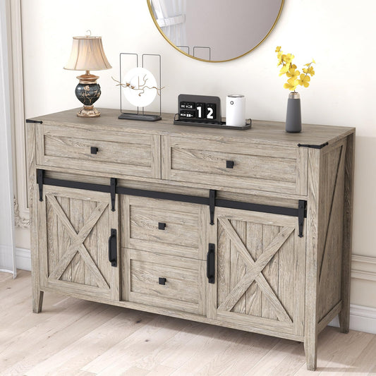 GlouMod Farmhouse Dresser for Bedroom, 47 Inch Sliding Barn Door Wood Texture Rustic Chest of Drawers 4 Drawers Dresser TV Stand for Bedroom, Driftwood Gray - WoodArtSupply