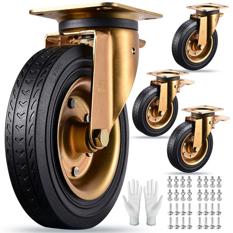 8" Casters Set of 4 Heavy Duty Plate Casters 8 Inch Swivel Industrial Rubber Wheels for Cart Furniture and Workbench Locking Outdoor Dolly Castors Replacement Load 3000Lbs (Free Bolts Nuts and Screws) VM VIMA