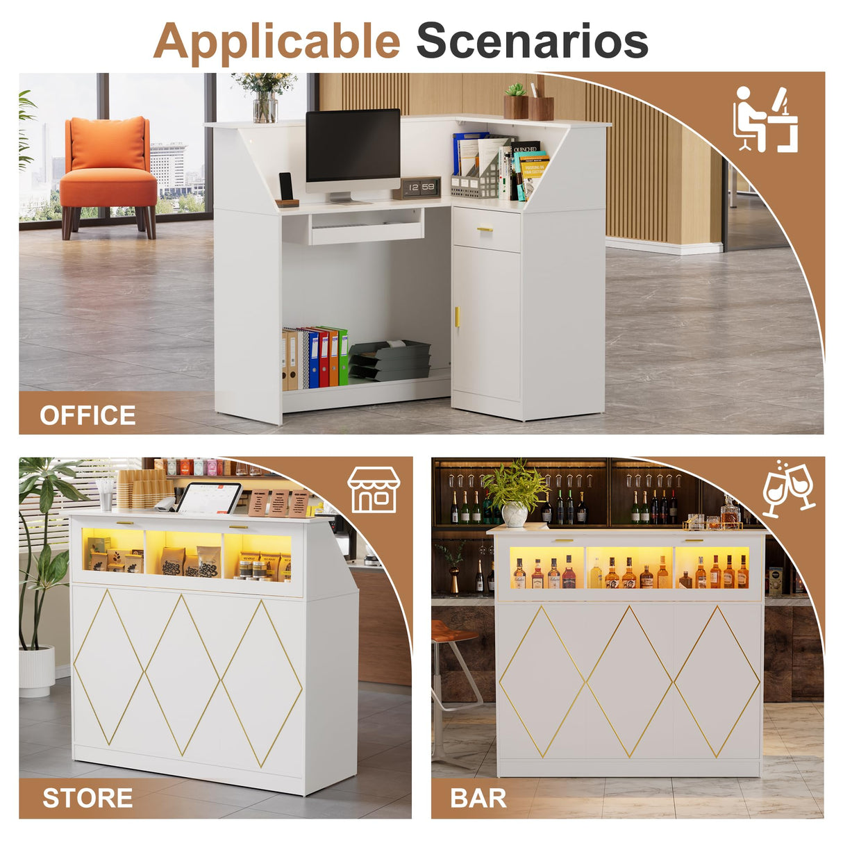 PAKASEPT Reception Desk with LED Lights, L-Shaped Modern Front Desk with Glass Display Shelf, Reception Counter Table for Lobbies, Salons, Retail, Home Offices (White) PAKASEPT