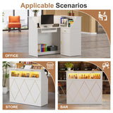 PAKASEPT Reception Desk with LED Lights, L-Shaped Modern Front Desk with Glass Display Shelf, Reception Counter Table for Lobbies, Salons, Retail, Home Offices (White) PAKASEPT