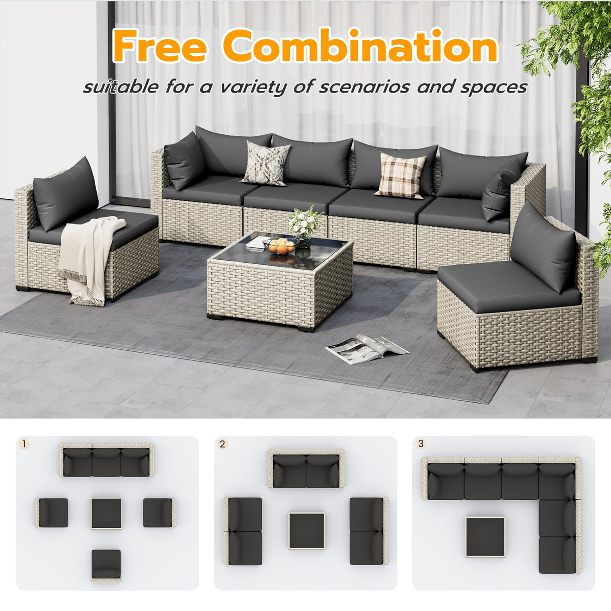 UDPATIO Outdoor Patio Furniture Set, 7-Piece Modular Sectional Sofa with Tea Table, PE Wicker Outdoor Conversation Set for Patio, Garden, Backyard Black UDPATIO
