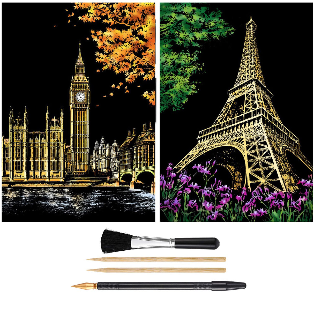 Scratch Painting Kits for Adults & teens, Craft Art Set, Rainbow Scratch Art Painting Paper, Sketch DIY Night View Scratchboard, 16'' x 11.2'' Creative Gift with 3 Tools kit (Eiffel Tower / Big Ben) MIASTAR