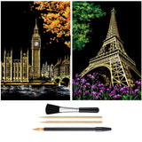 Scratch Painting Kits for Adults & teens, Craft Art Set, Rainbow Scratch Art Painting Paper, Sketch DIY Night View Scratchboard, 16'' x 11.2'' Creative Gift with 3 Tools kit (Eiffel Tower / Big Ben) MIASTAR