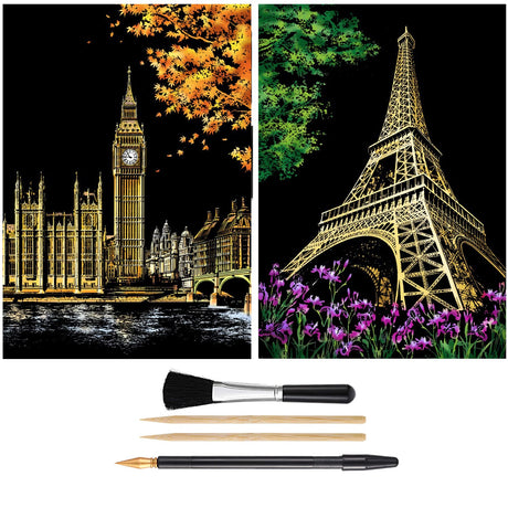 Scratch Painting Kits for Adults & teens, Craft Art Set, Rainbow Scratch Art Painting Paper, Sketch DIY Night View Scratchboard, 16'' x 11.2'' Creative Gift with 3 Tools kit (Eiffel Tower / Big Ben) MIASTAR