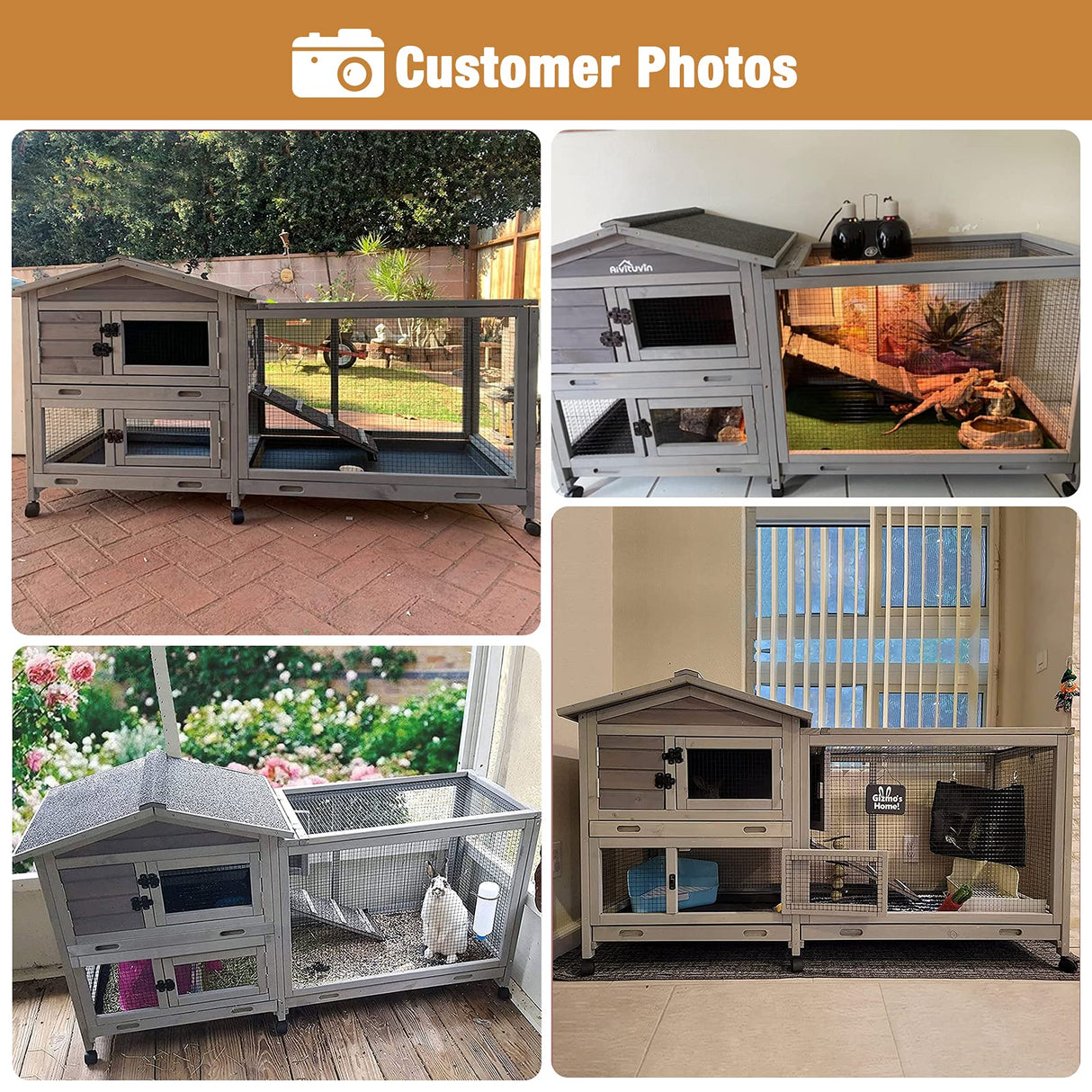 Bunny Cage Indoor and Outdoor Rabbit Hutch with Casters Waterproof Roof, Pull Out Tray from Back and Front GUTINNEEN