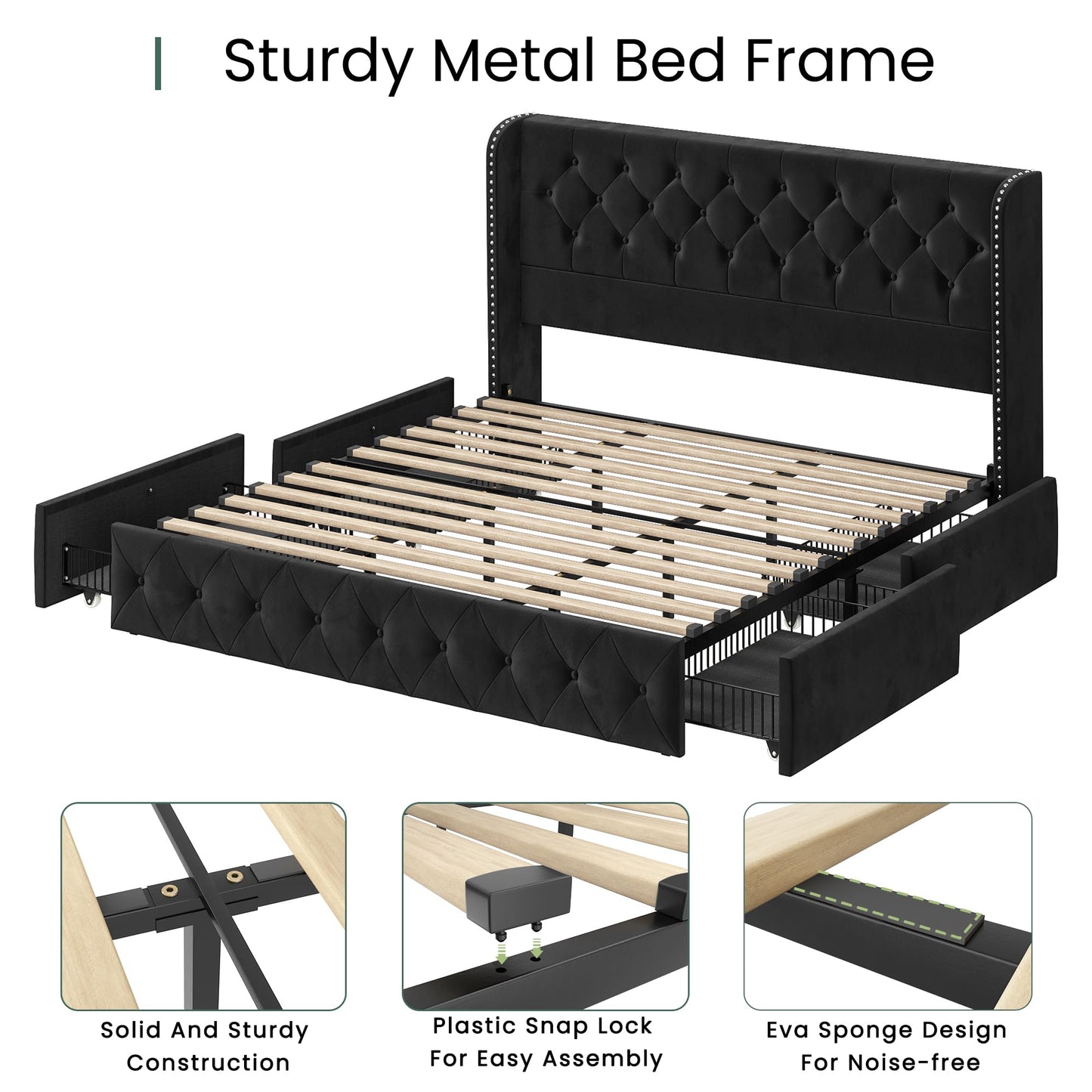LARMACE King Size Bed Frame with 4 Storage Drawers and Tufted Headboard Velvet Upholstered Platform Bed Frame Wingback Beds with Wooden Slats Support, Easy Assembly, Black