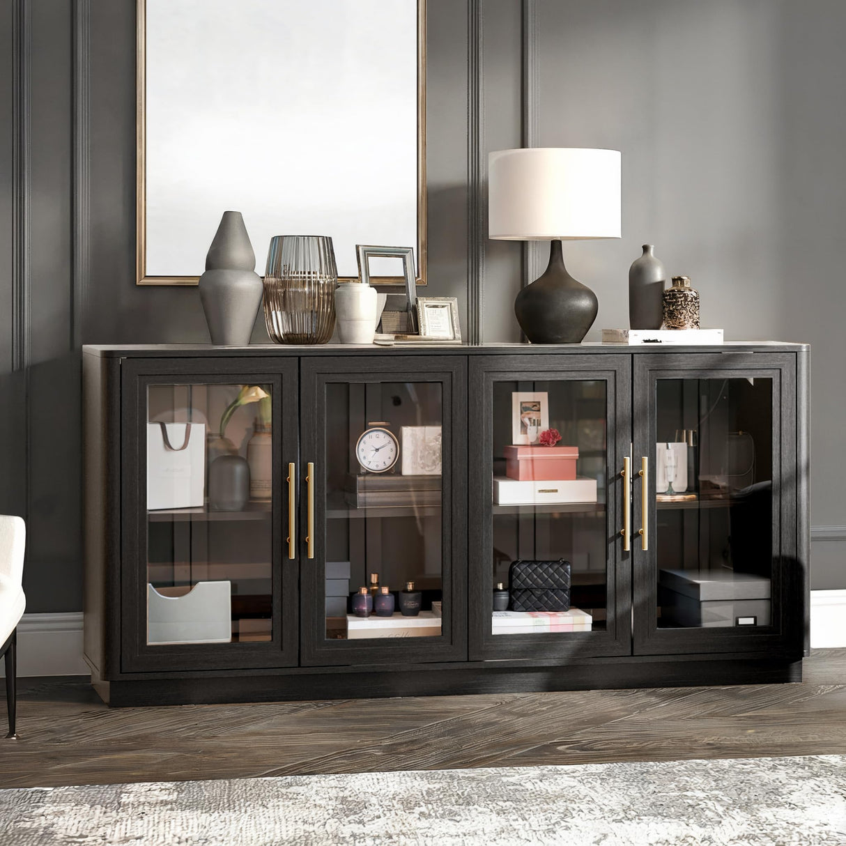 Cube Storage Organizer with Shelf, 63" Long Cubby Bookcase, Bookshelf with 4 Glass Doors,Glass Display Cabinet for Home Office, Living Room (Black, 63" Wide) Furnaza