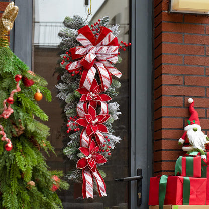 36 Inch Pre-Lit Christmas Teardrop Swag, Soomeir Winter Holiday Swags Wreaths with Red Velvet Glitter Stripe Ribbon, Red Berries for Front Door, Wall Window Fireplace Mailbox Artificial Decor