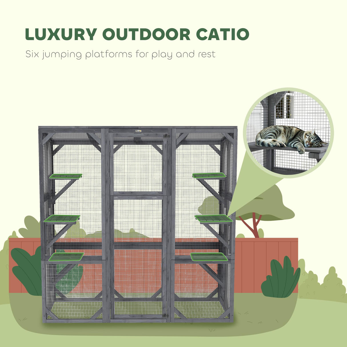 PawHut Catio Outdoor Cat Enclosure, Large Wooden Cat House with 6 Jumping Platforms, Weatherproof Roof, Outdoor Cat Cage Cat Shelter for 1-3 Cats, 59" x 28" x 60", Gray PawHut