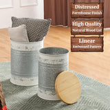 glitzhome Rustic End Table Set of 2, Farmhouse Galvanized Metal Barrel Ottoman Storage Stool with Round Wood Lid for Living Room Furniture, Distressed White glitzhome