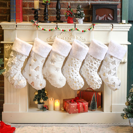 White Christmas Stockings Set of 6 - Lage Elegant Xmas Stockings with Golden Christmas Tree Snowflake Designs, Fluffy Grey and White Christmas Stockings for Holiday Party Decorations 20 inch Amorita
