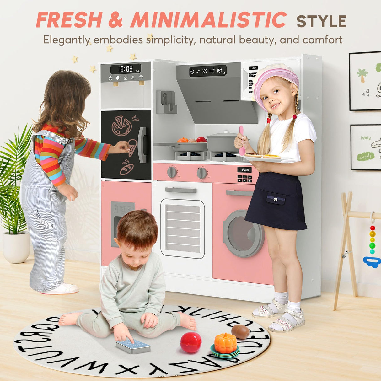 BIERUM Play Kitchen with Realistic Lights & Sounds, Wooden Kitchen Playset with 28 Pcs Toy Food & Cookware Accessories, Toy Kitchen with Plenty of Play Features, Idea Gift for Boys and Girls Ages 3+ BIERUM