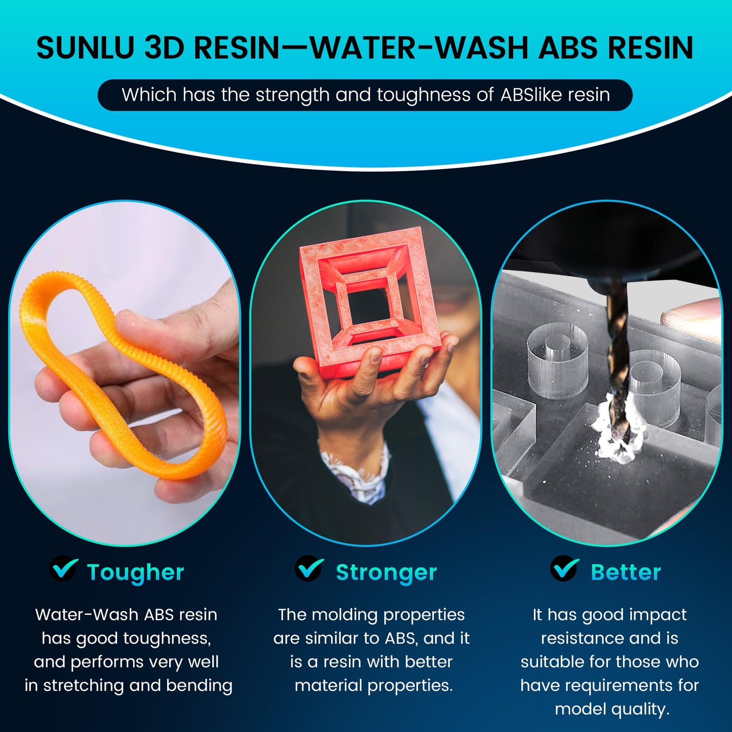 SUNLU 1000g Water-Wash ABS Resin, Combines features of ABSLIKE Resin & Water Washable Resin, Non Brittle, High Precision, Low Shrinkage, Fast Curing 3D Resin for LCD DLP SLA 3D Printers, 1KG Grey