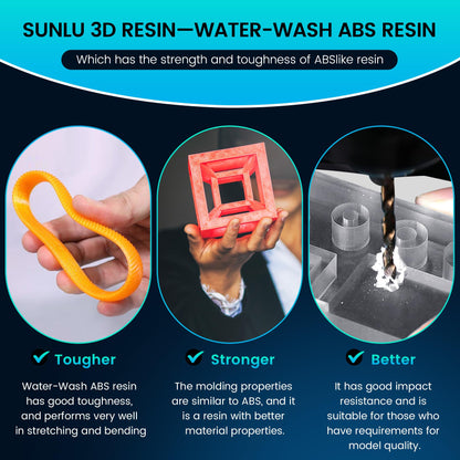 SUNLU 2000g Water-Wash ABS Resin, Combines features of ABSLIKE Resin & Water Washable Resin, Non Brittle, High Precision, Low Shrinkage, Fast Curing 3D Resin for LCD DLP SLA 3D Printers, 2KG Black