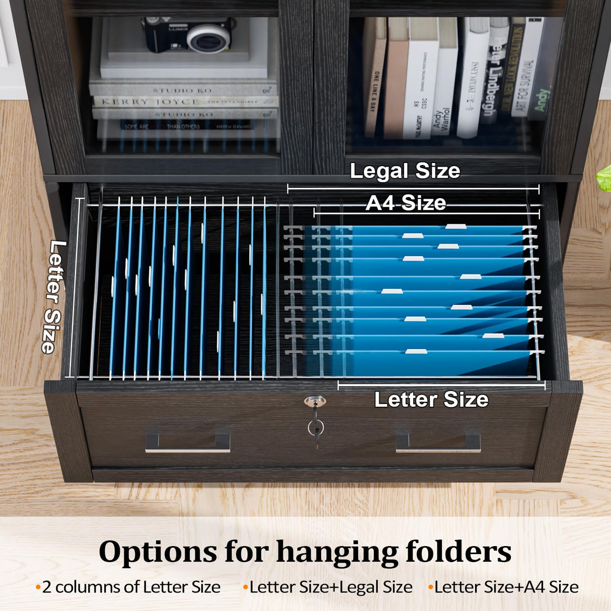 VINGLI Black Lateral File Cabinet with Glass Doors and Locking Drawer for Home Office Storage VINGLI