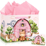 Farm Animals Theme Birthday Gift Bag for Girls Baby Shower Pink Farmhouse Barnyard Gift Bag Wrapping Paper Card Large Cows Pigs Gifts Bag for Baby Shower Farm Birthday Party Favors Supplies Innovoscape
